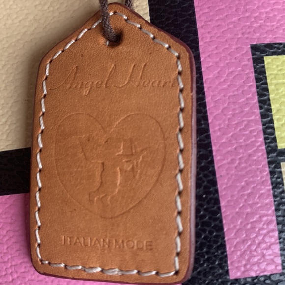 Italian Mondrian style leather yellow/pink/mauve tan straps trim bucket bag EUC - Picture 7 of 9